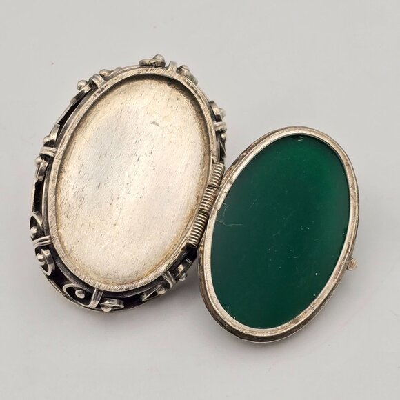 VTG Taxco Sterling Silver Locket Brooch Pin w/ Green Agate Oval Cabochon 1950s - Picture 8 of 13
